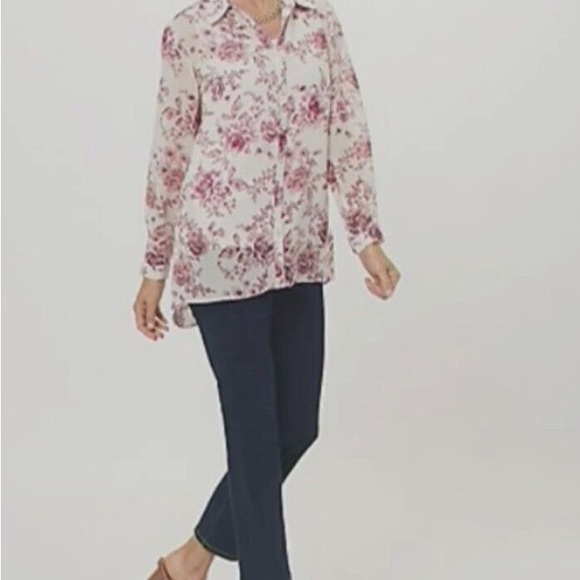 Susan Graver Petite Printed Woven Button Front Shirt Womens S Slate Blue NEW - Picture 2 of 3